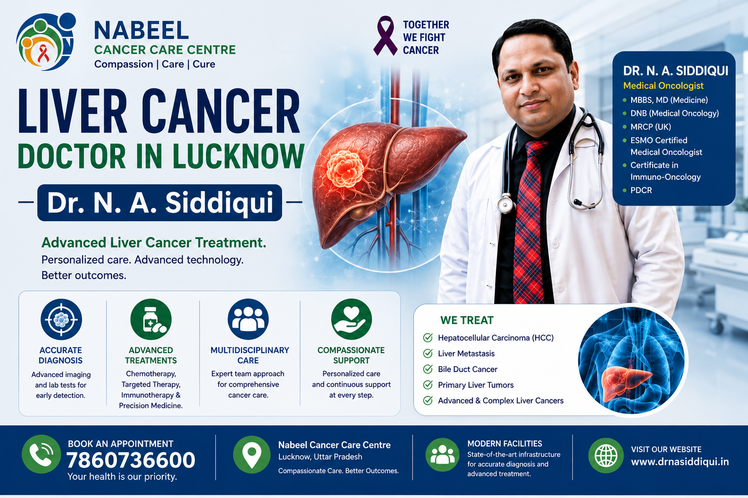 Dr. N. A. Siddiqui providing advanced liver cancer treatment in Lucknow through chemotherapy, immunotherapy, and targeted therapy.
